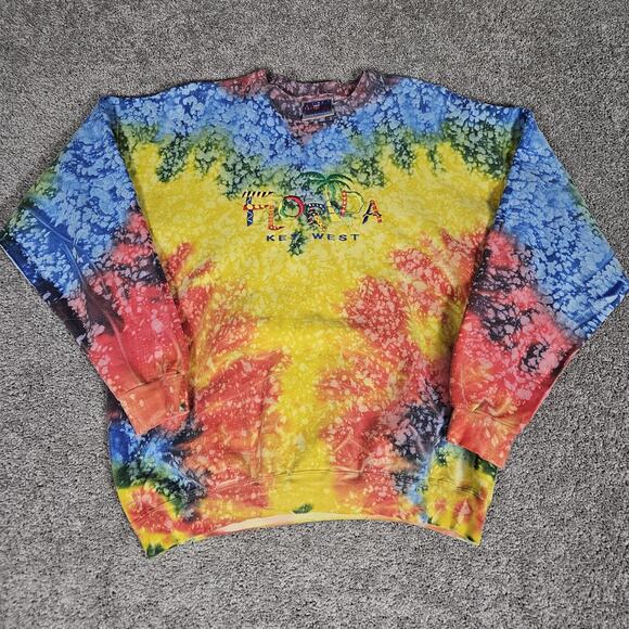 Vtg Key West Florida Sweatshirt Adult XL Yellow Tie Dye Embroidered Travel - Picture 1 of 11